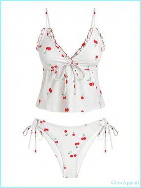 Tummy Control Tankini Set V Neck Ruffle Trim Tie Side Two Piece Bathing Suit